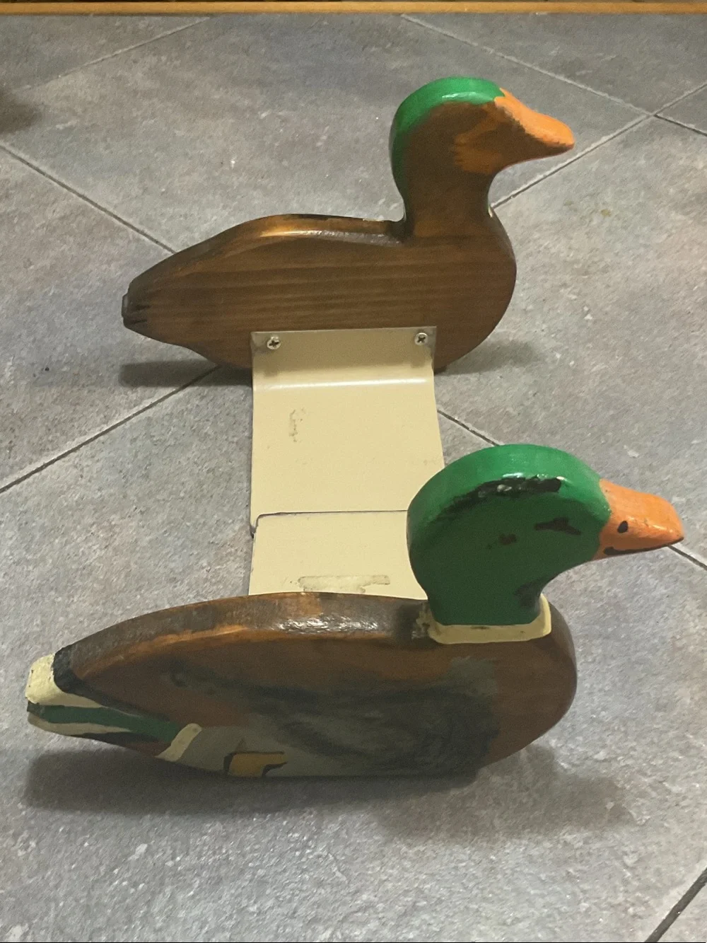 Handcrafted Wooden Duck Bookends in Green and Brown